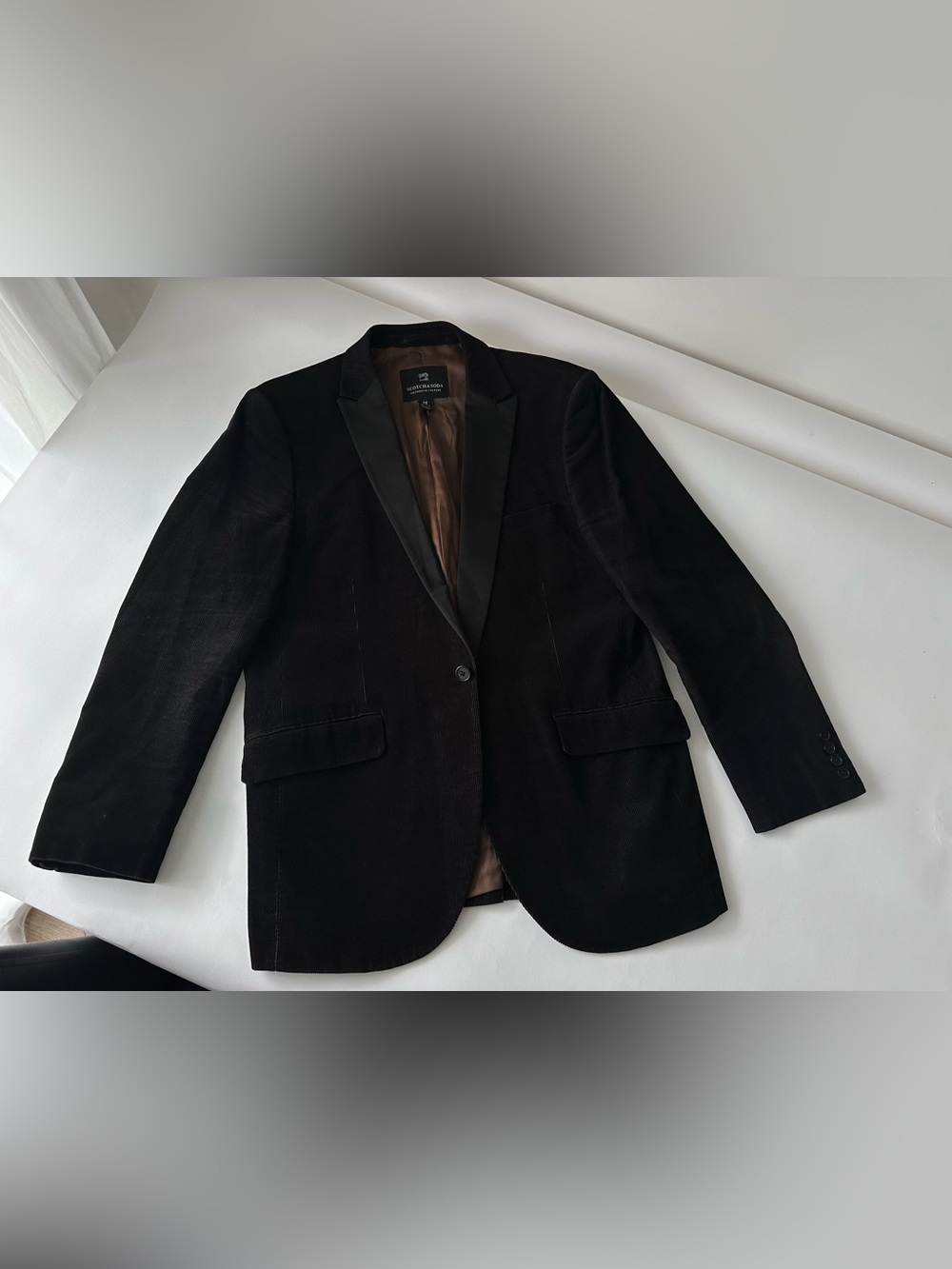 Scotch & Soda Black Corduroy Tuxedo Blazer Satin Peak Lapel Leopard Lining